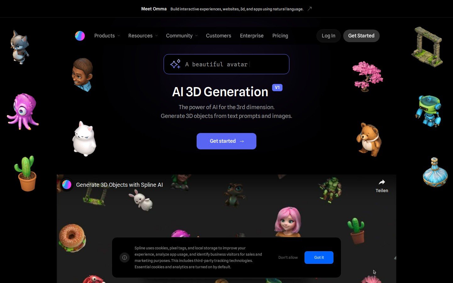 Spline AI generate page demonstrating Omma AI canvas 3D mesh generation