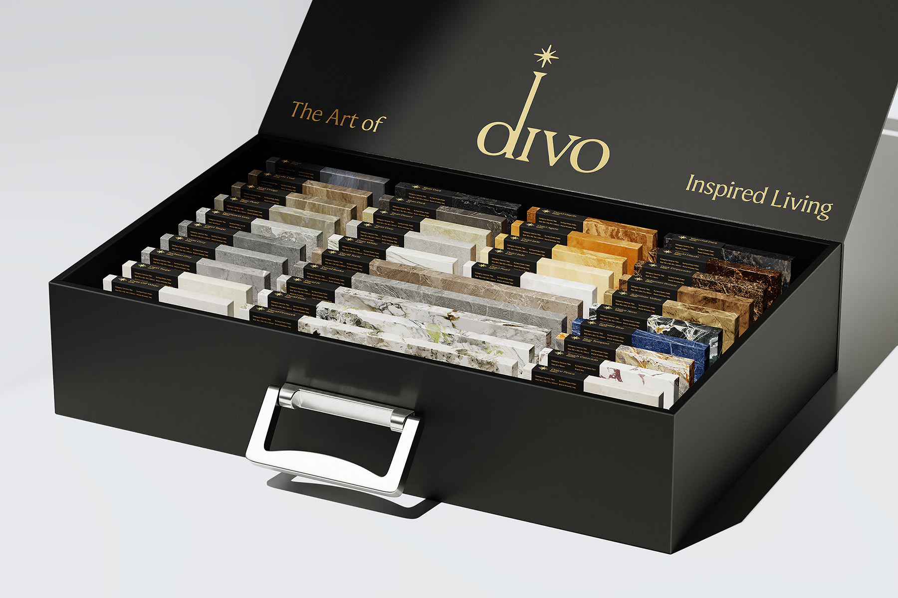 Divo Ceramica brand identity — branded ceramic tile sample kit for client presentations