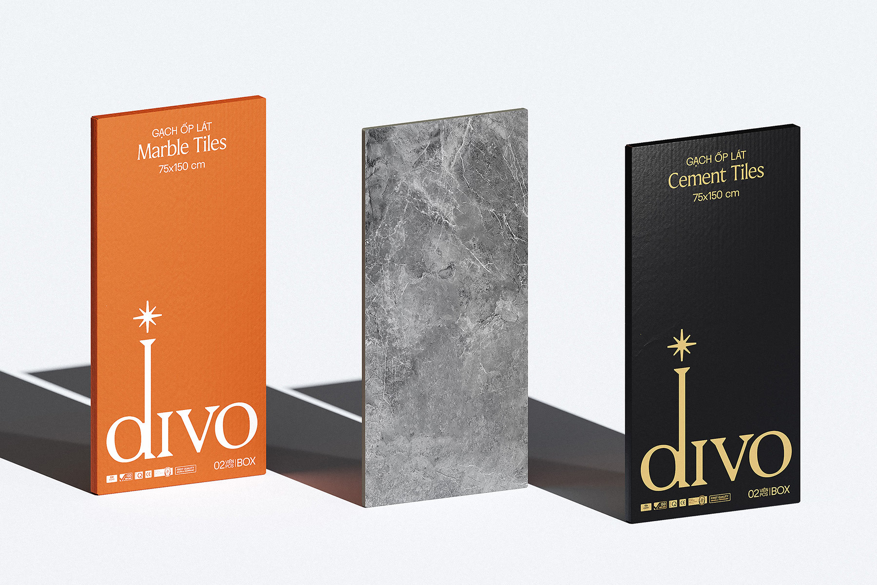 Divo Ceramica brand identity — three packaging box variations showing the complete packaging system