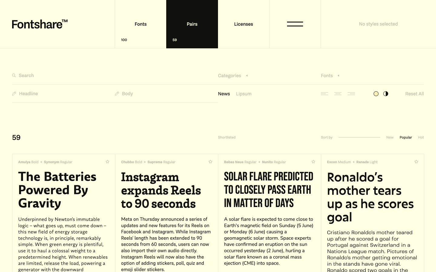 Fontshare font pairs page showing free font combinations