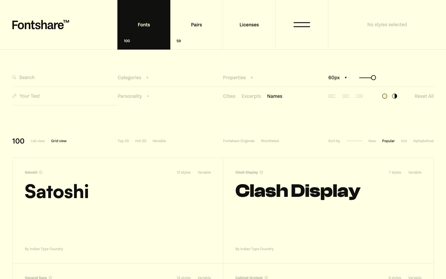Fontshare free fonts grid view showing 100 typefaces