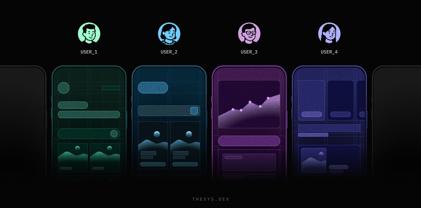 Generative UI personalization — four users each receiving a distinct adaptive interface from the same Thesys generative UI system