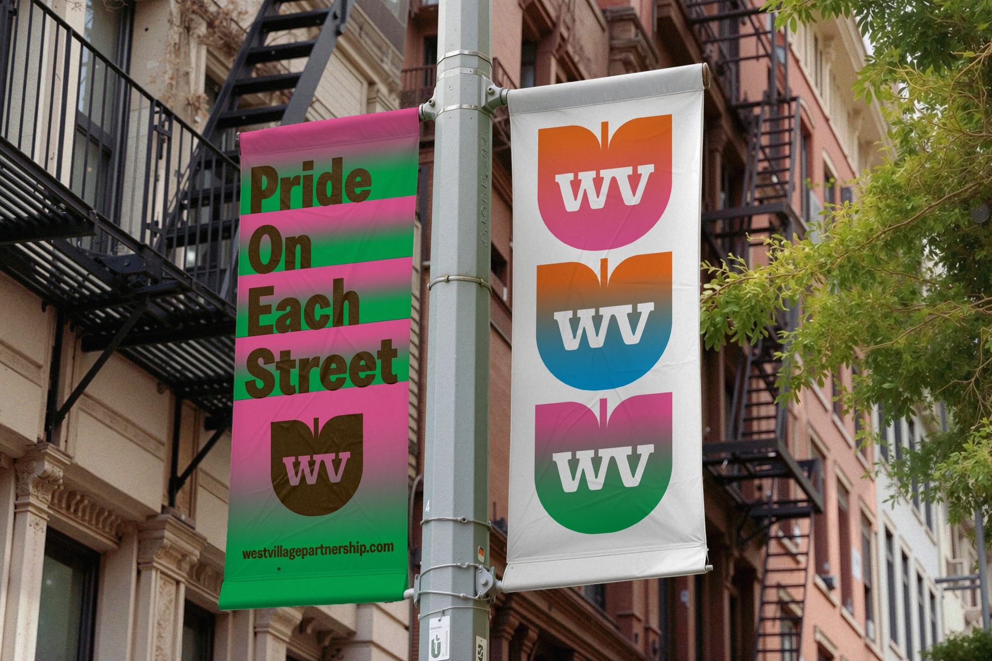 West Village brand identity Pride On Each Street lamp post banners