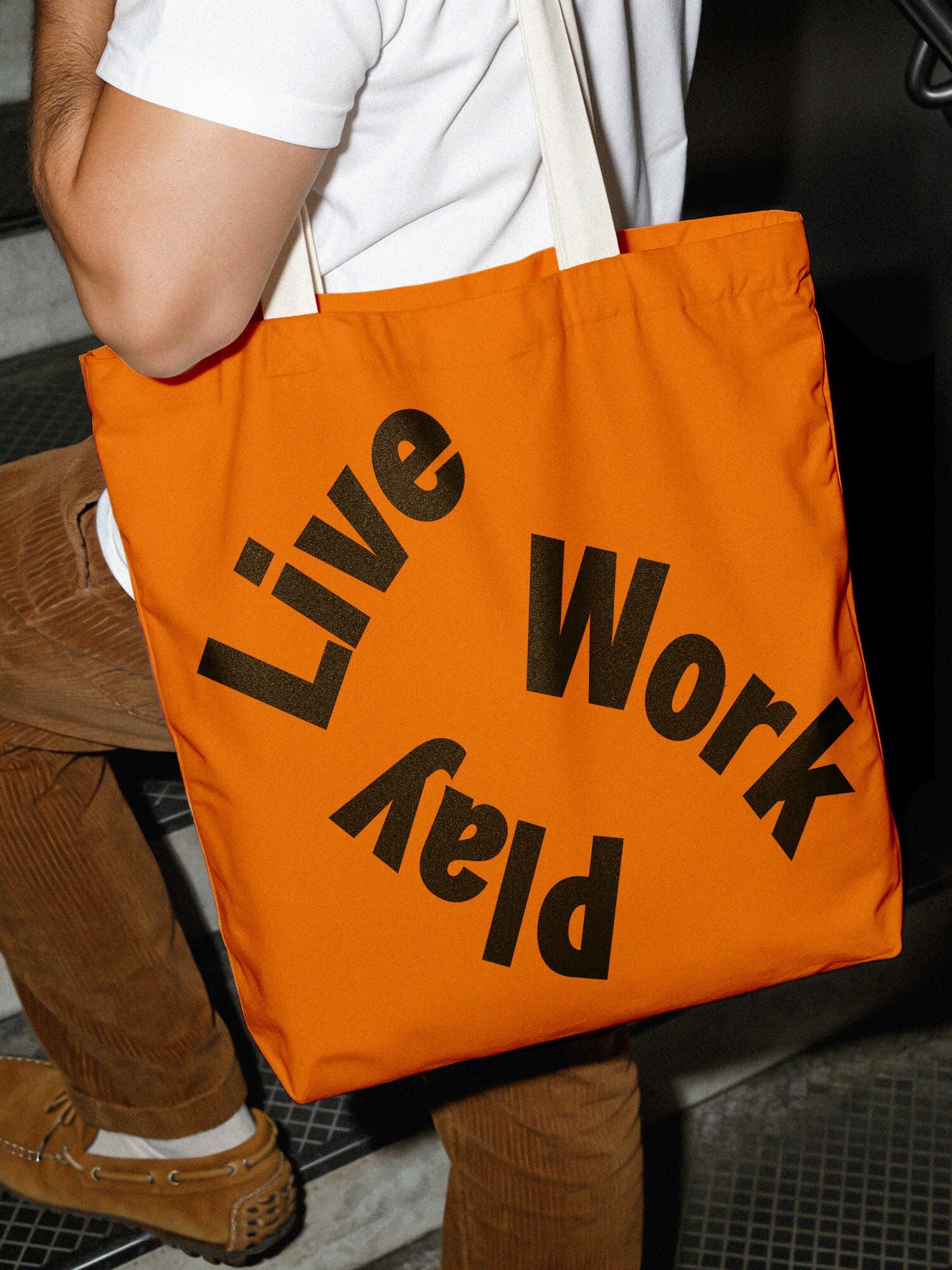 West Village brand identity tote bag Live Work Play typography