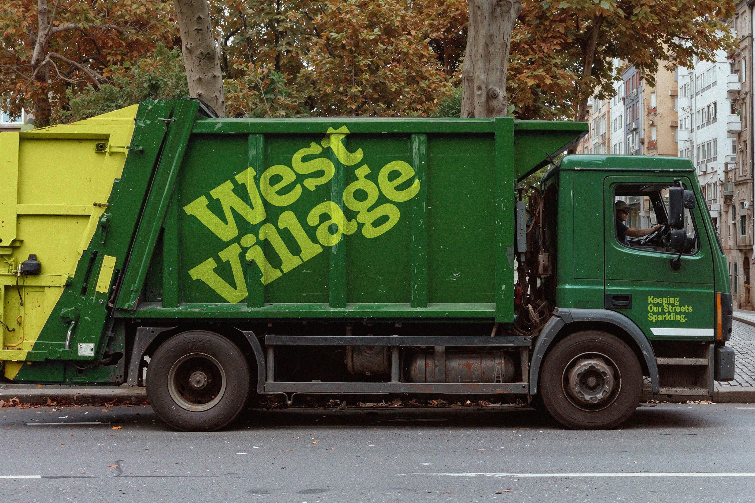 West Village brand identity branded garbage truck community touchpoint