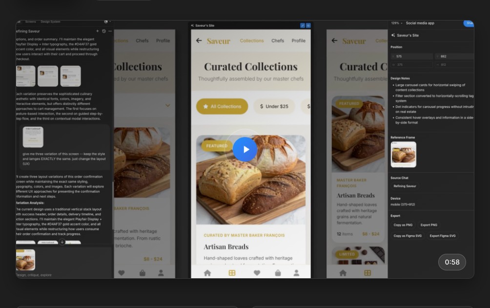 Moonchild AI UI design tool showing Saveur app multi-screen flows with chat panel