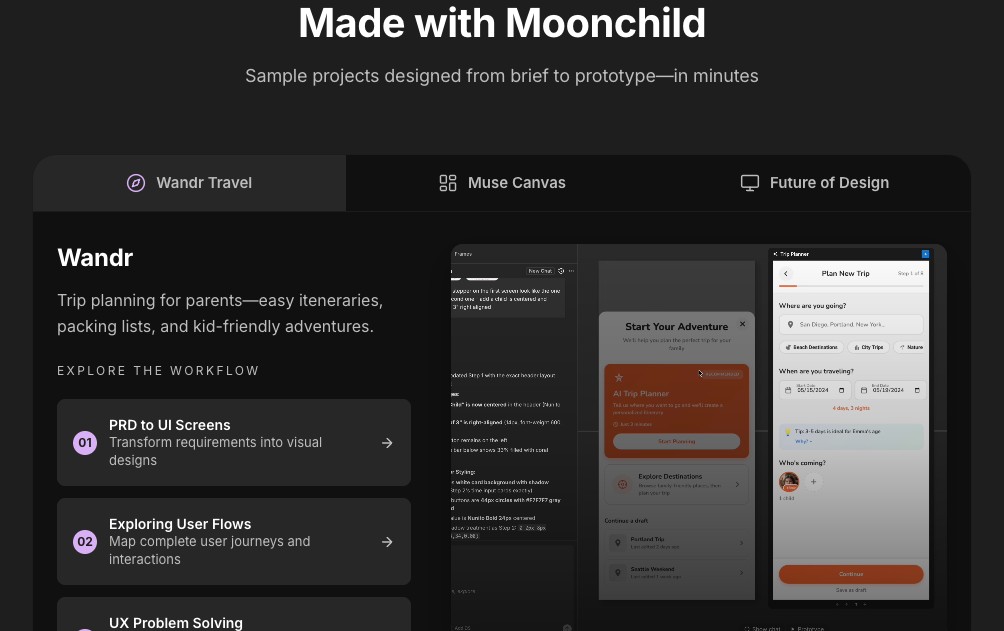 Made with Moonchild AI UI design tool: Wandr travel app PRD to UI screens workflow