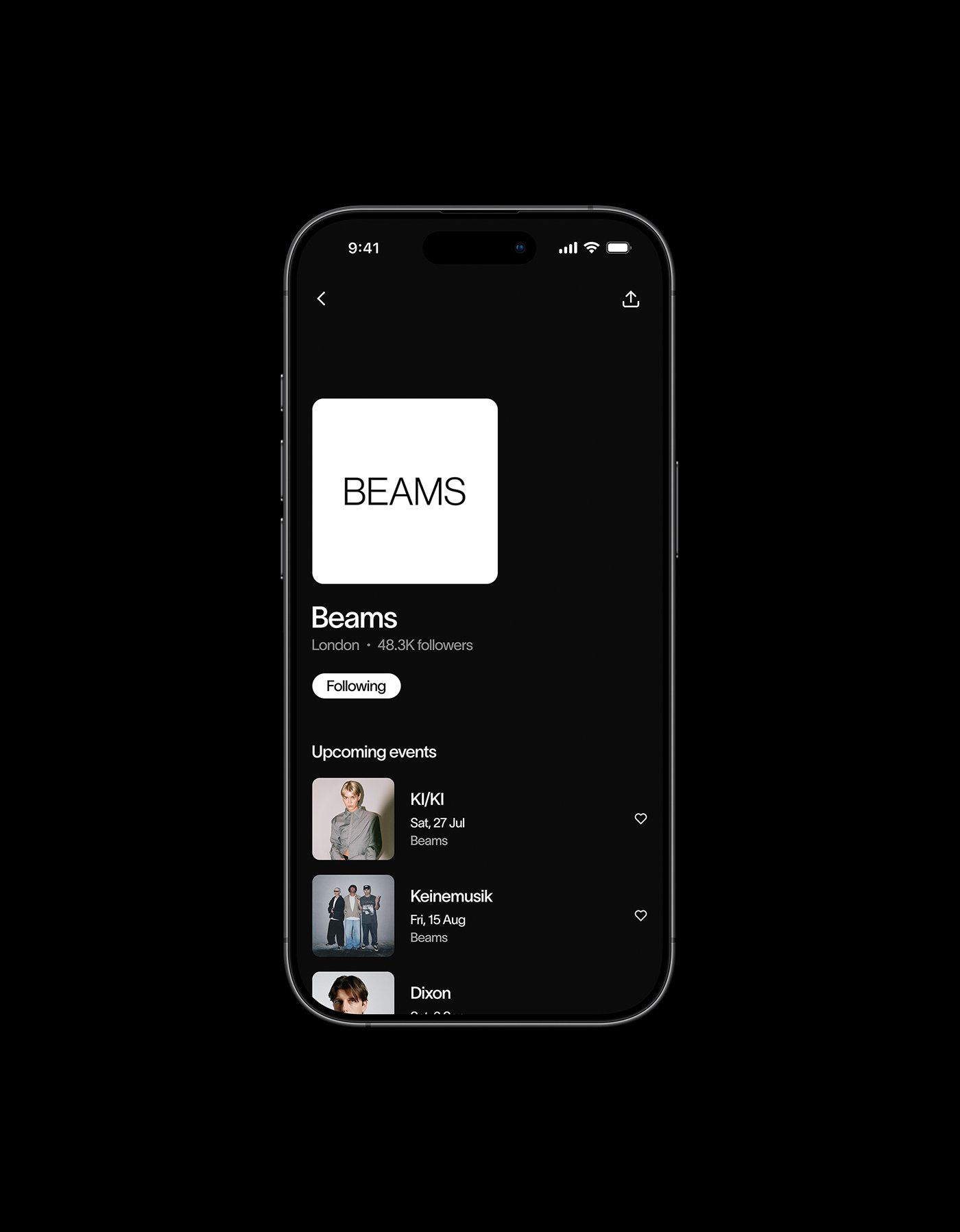 Nite event discovery app detail screens showing event pages and social sharing features