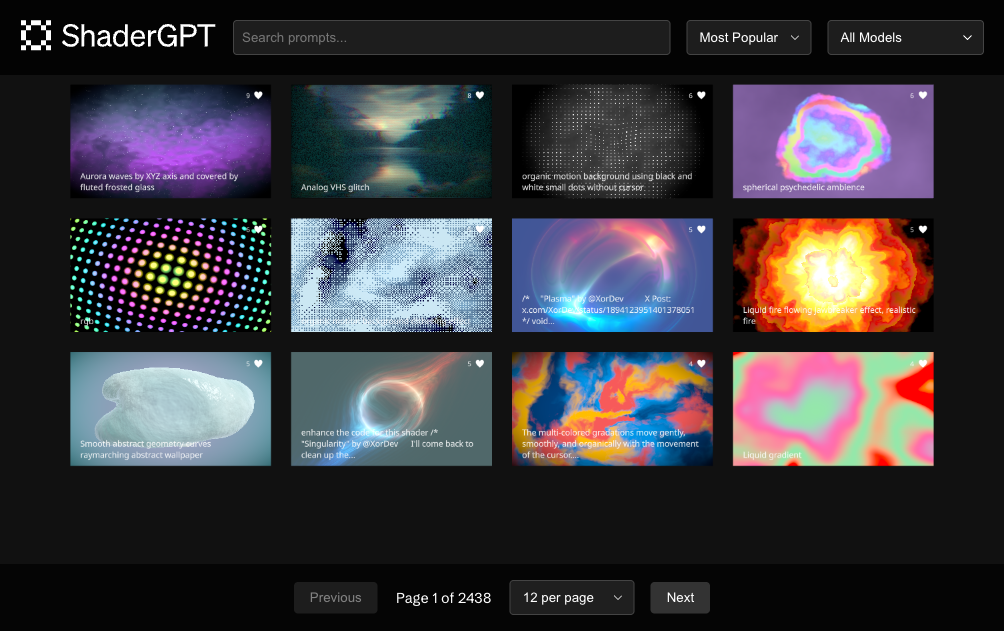ShaderGPT AI shader generator explore gallery with community shaders