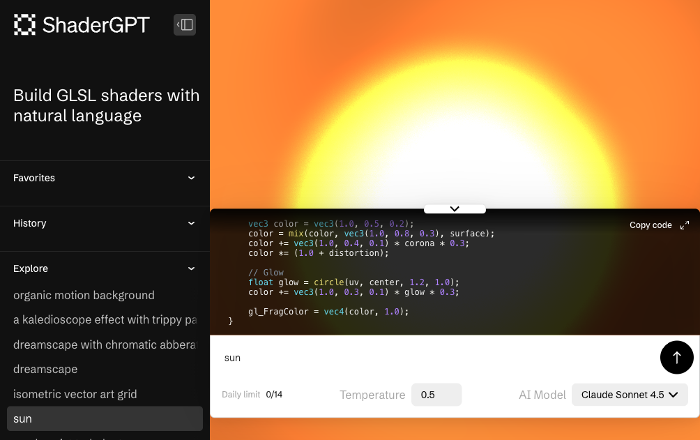 ShaderGPT AI shader generator sun corona shader effect