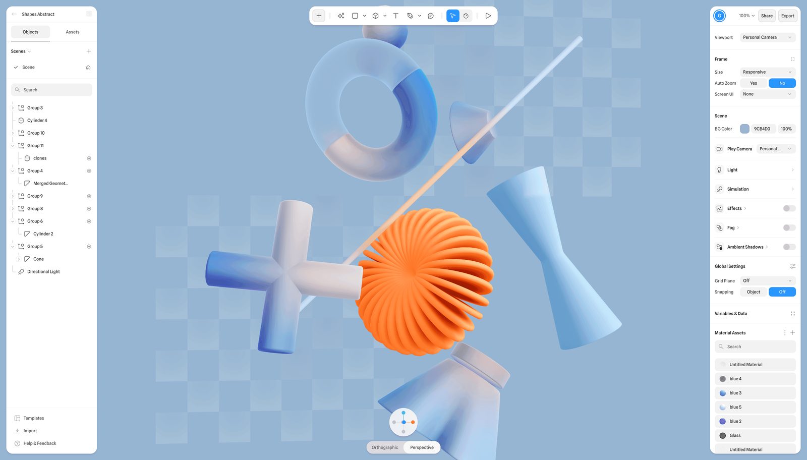 Spline Design interface showing the Hana 2D and 3D design canvas web design