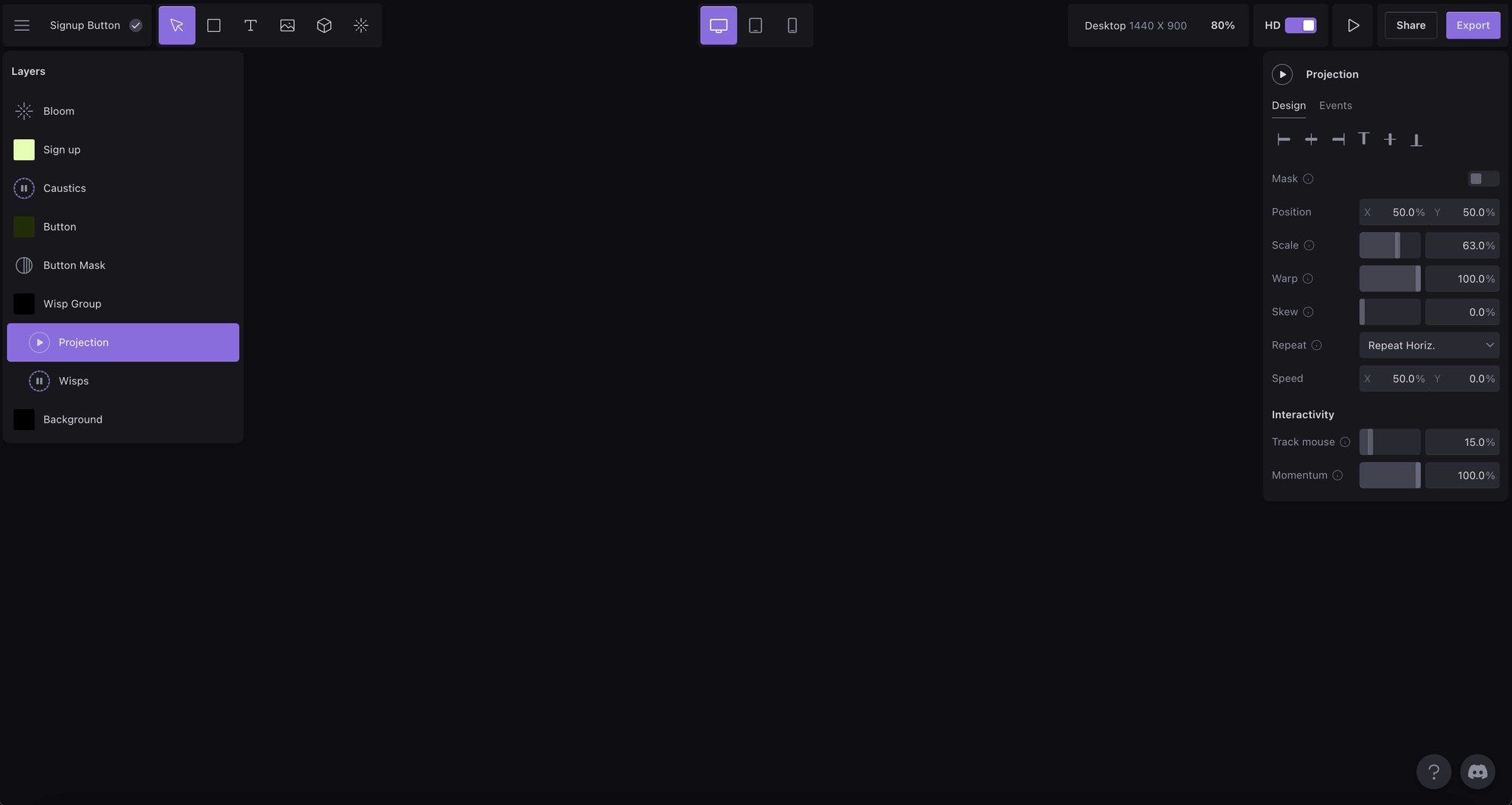 WebGL design tool Unicorn Studio editor interface showing layer-based canvas