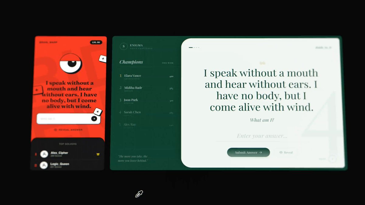 Variant AI design tool Style Dropper showing three UI variants of the same riddle app