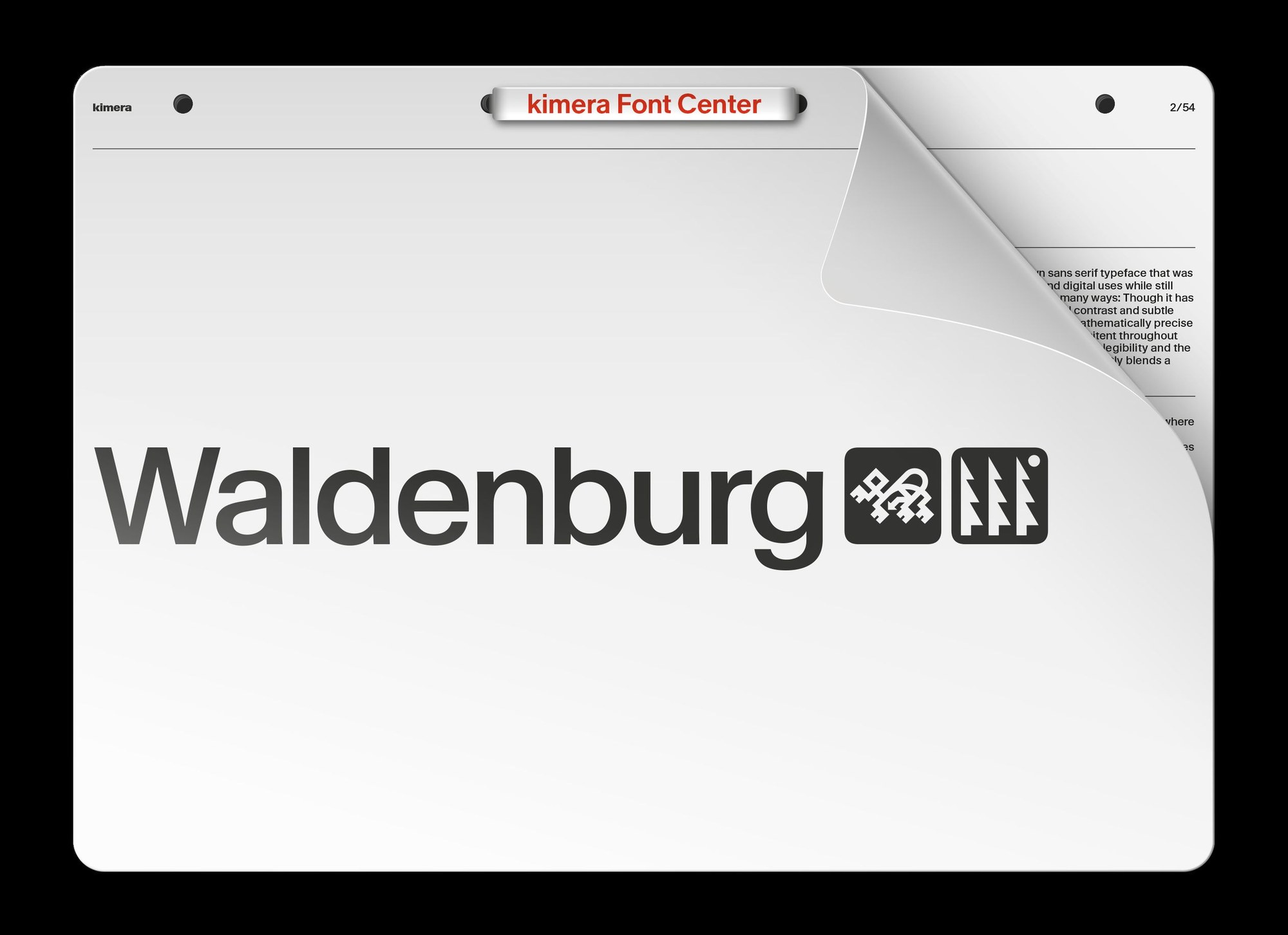 Waldenburg typeface specimen mockup showing various weights by Kimera foundry