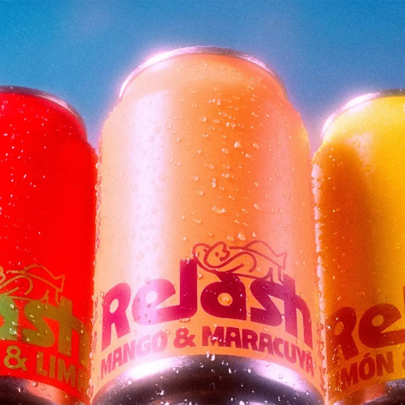 Relash visual identity design hero image featuring colorful can packaging