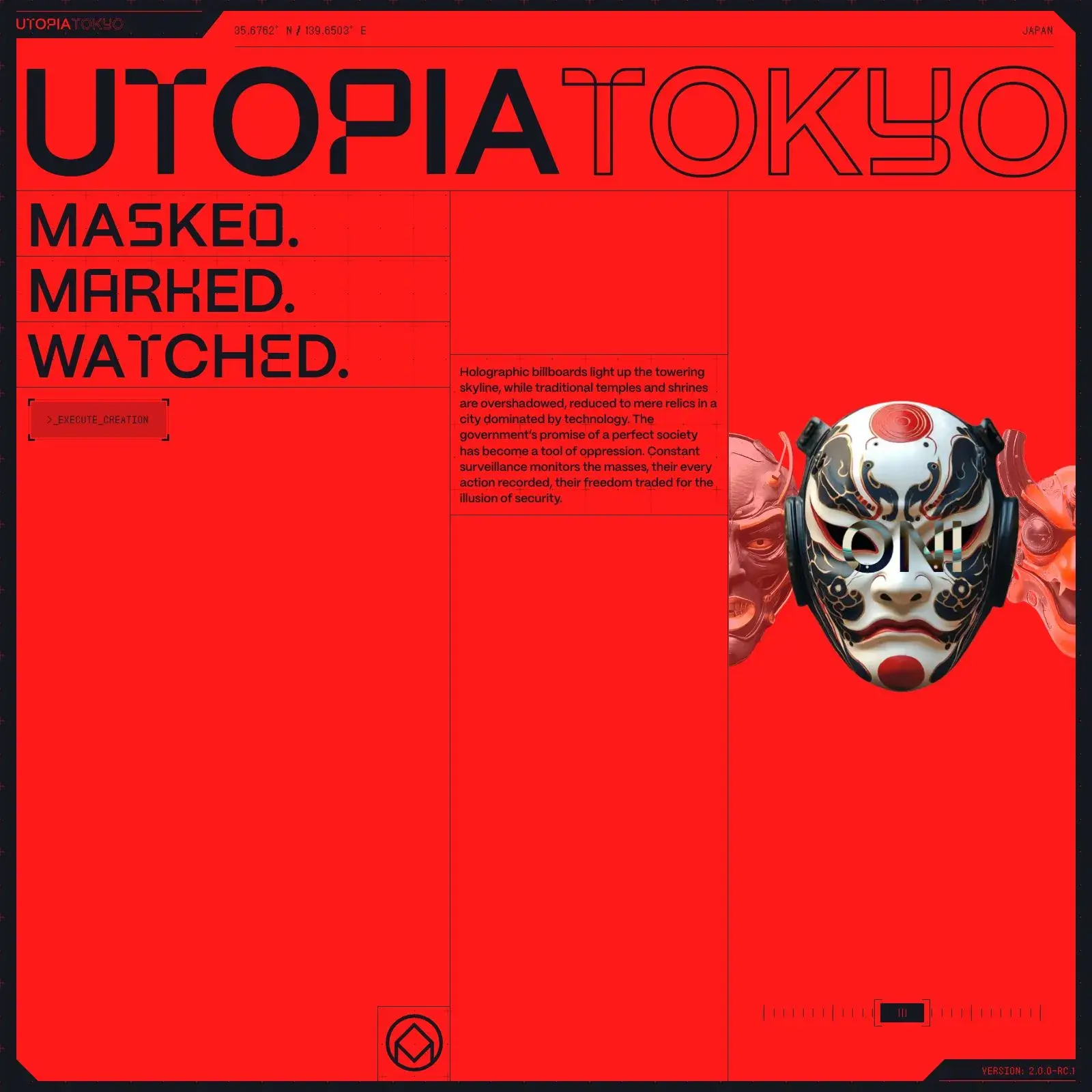 Utopia Tokyo interactive web design homepage with Oni mask