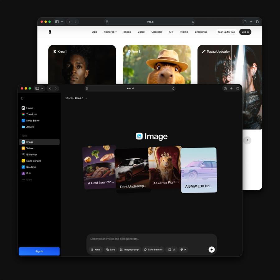 Krea AI creative suite interface showing image, video, and 3D generation tools