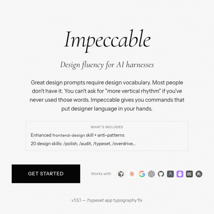 Impeccable AI design skill homepage — design fluency for AI coding assistants